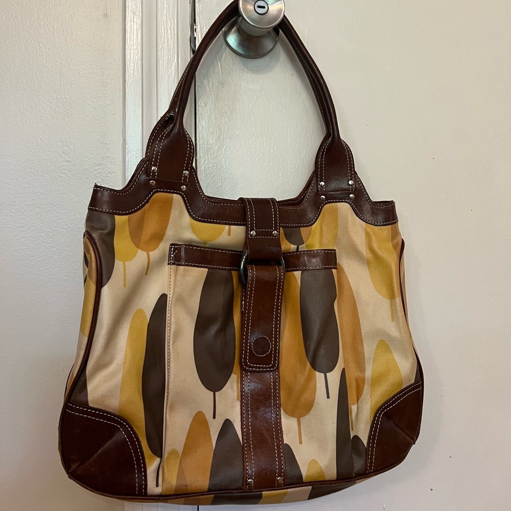 Orla Kiely Brown, Tan & Mustard Leaf Print Shoulder Bag